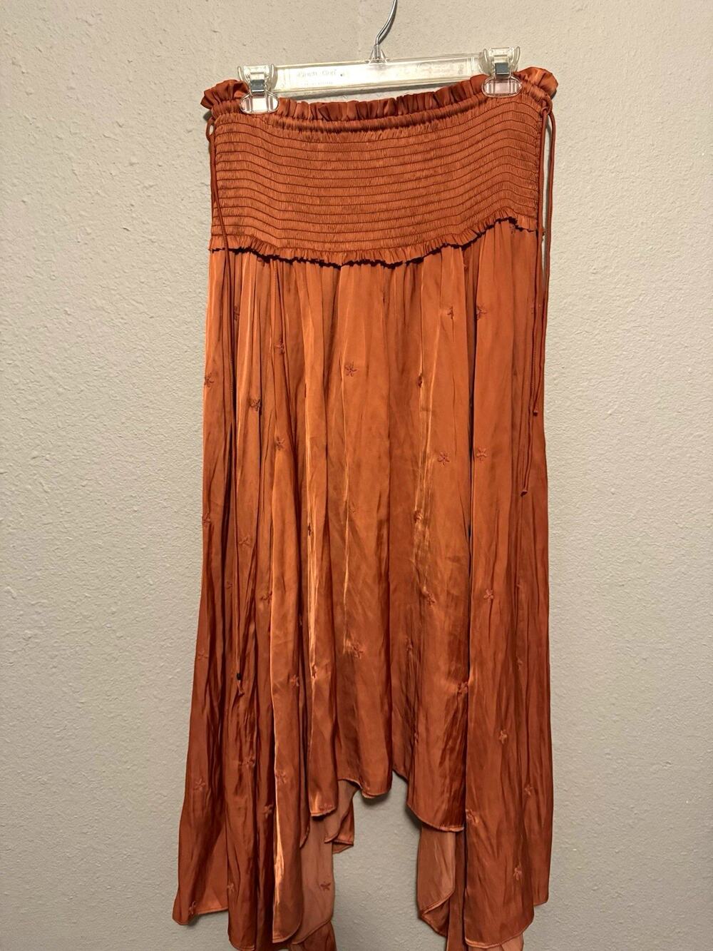Ulla Johnson Brown Satin Maxi Skirt Smocked Waist Embroidered Pull On size 8